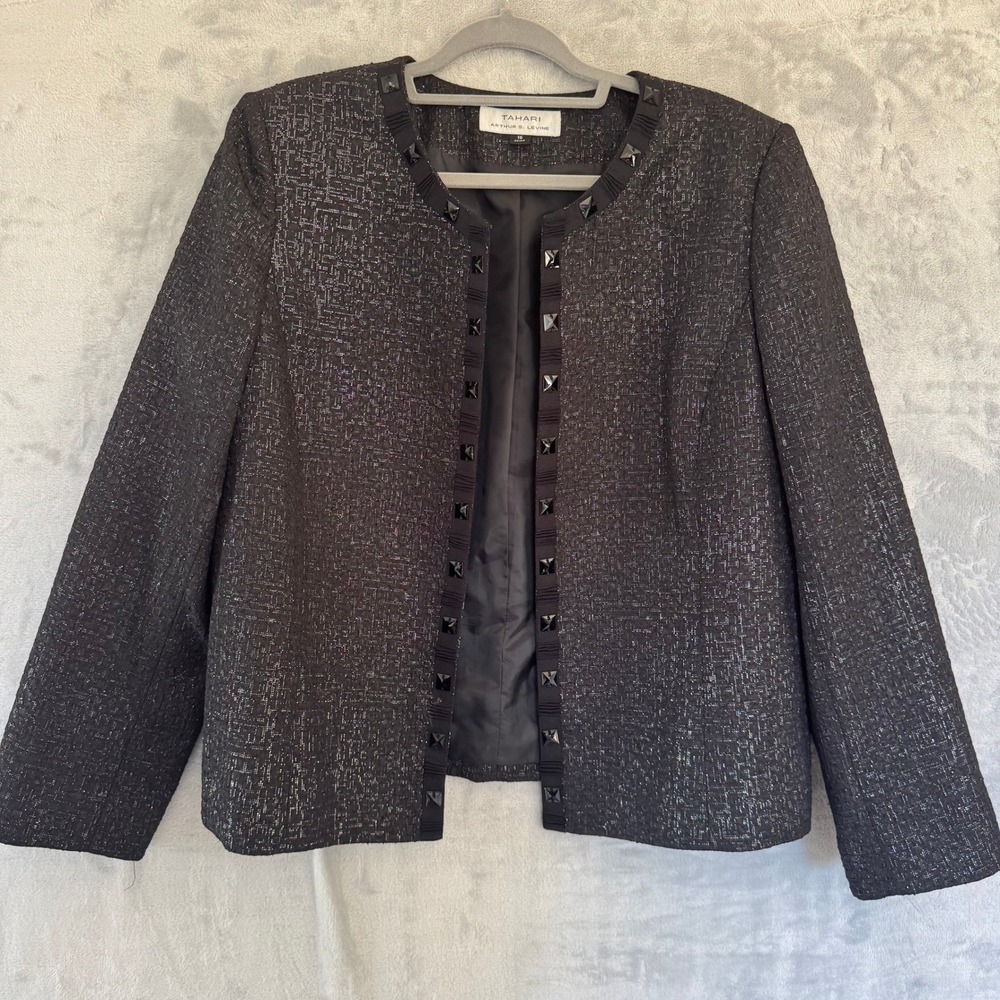 Tahari Arthur S Levine Womens Black Metallic Stud Open Front Jacket US 16 $169